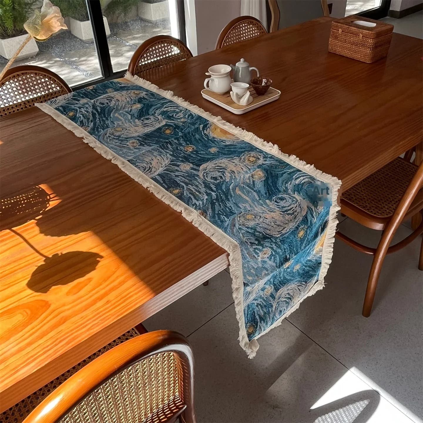 Van Goghi "Täheline öö" stiilis lauarätik, puuvillasegu dekoratiivkangas